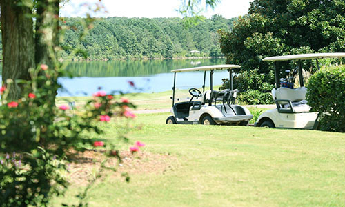 two golf carts along the fairway
