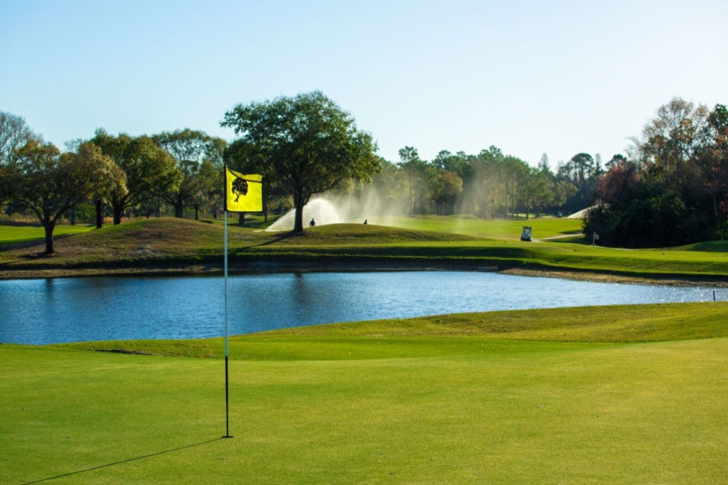 Course greens hole marked by a yellow flag 