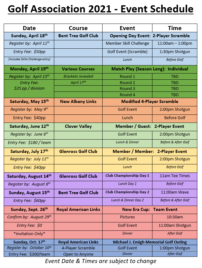 2021 Golf Association Event Schedule